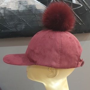 Suede Cap with Fur Pom-pom